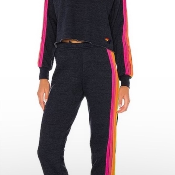 Aviator Nation M 5 stripe sweatpants blue/charcoal neon stripes gently worn - Picture 3 of 10